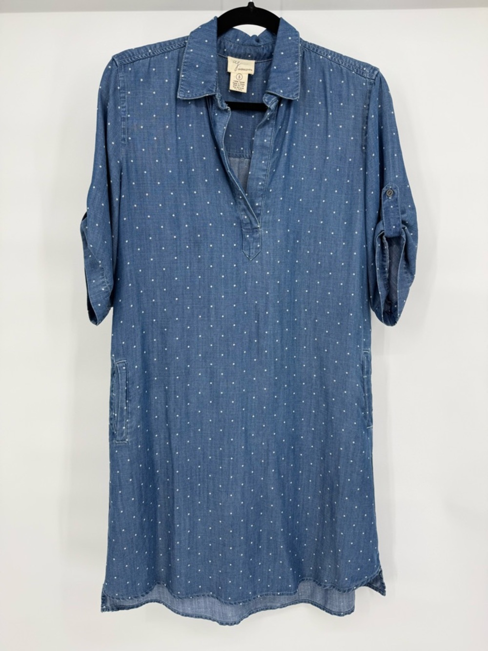 Andrea Jovine Polka Dot Tencel Shirt Dress Roll‎ Tab Sleeves Casual Lightweight